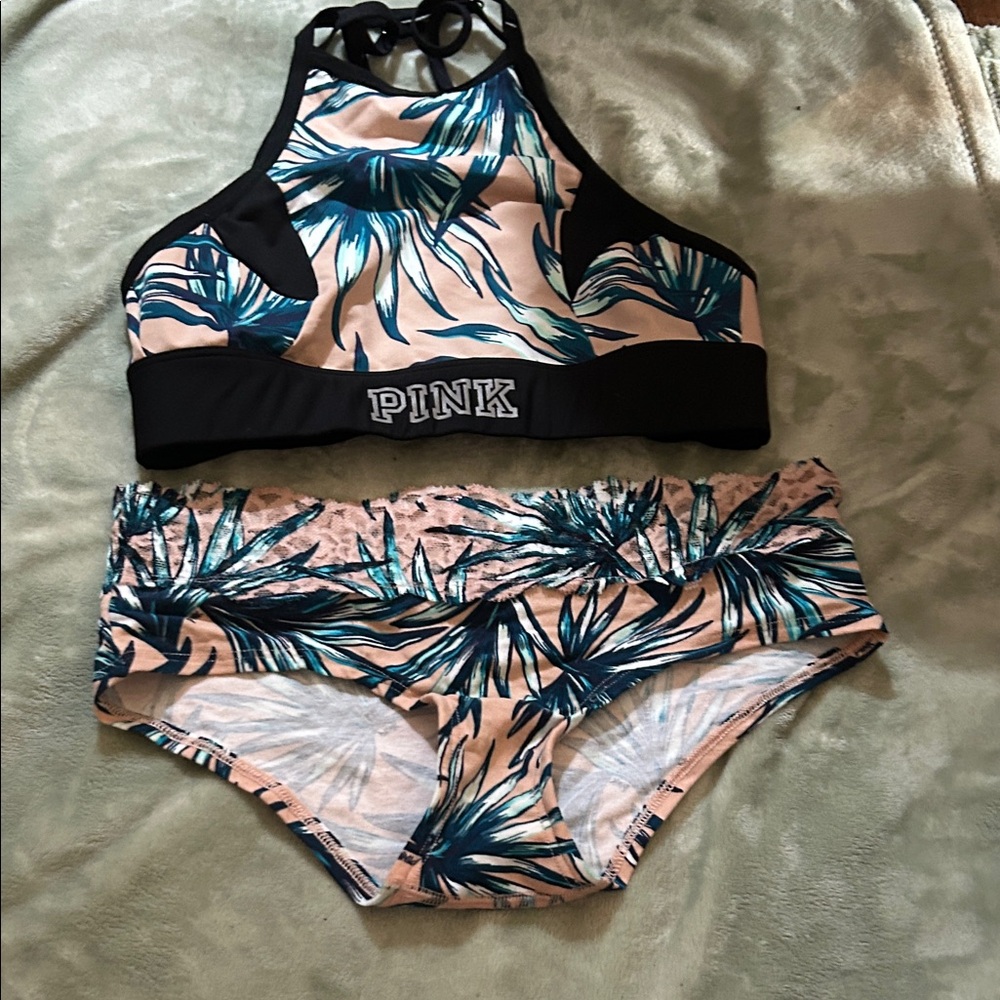 PINK Victoria's Secret Blue and Peach Sports Bra Set